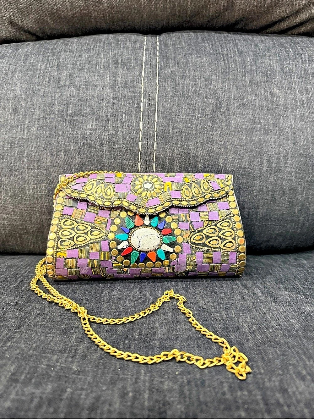 Metal Beaded Geometric Clutch in Purple & Gold New